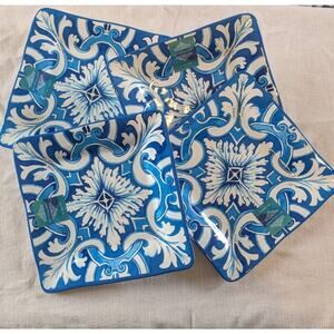x4 NEW Artistic Accents Melamine Plates Blue White Square Plumes Lot Set READ